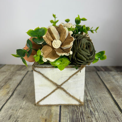 Rustic Sola Wood Flower Arrangement In White Wooden Box