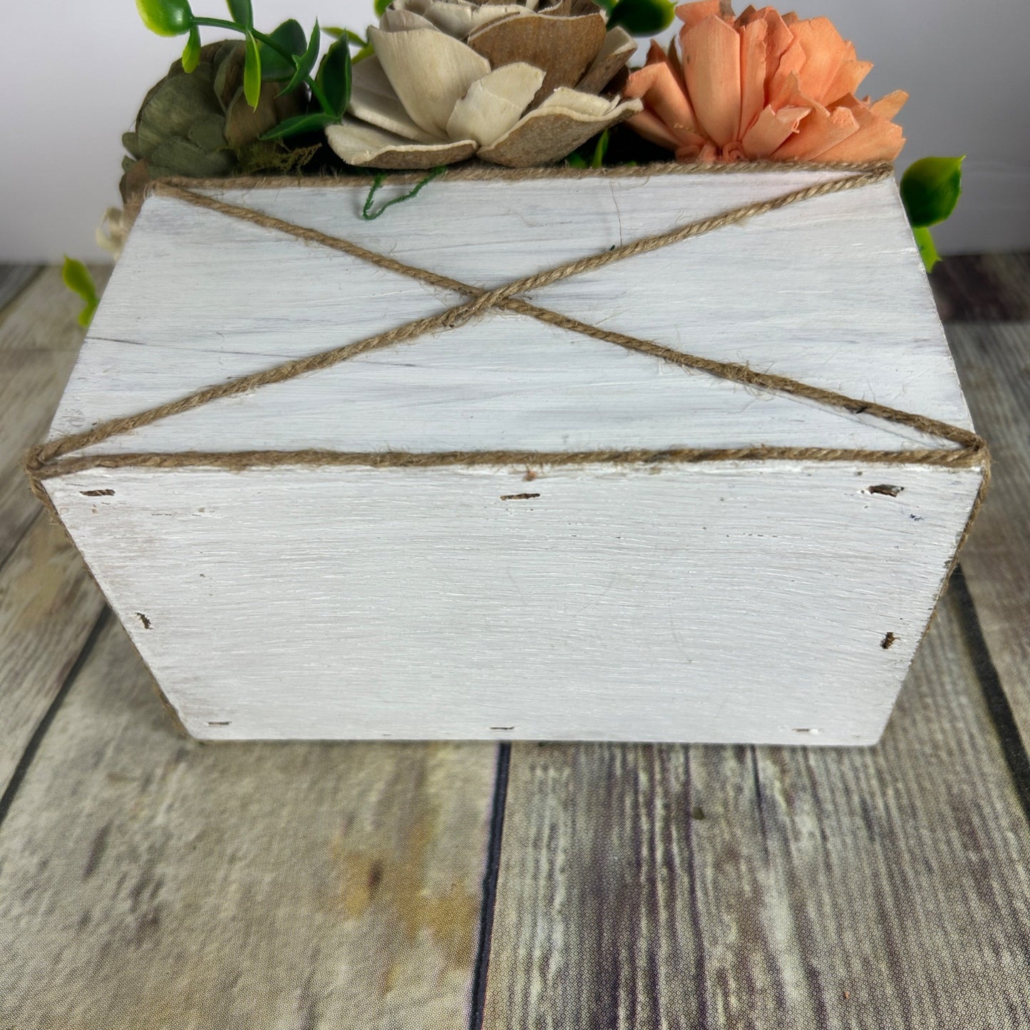 Rustic Sola Wood Flower Arrangement In White Wooden Box
