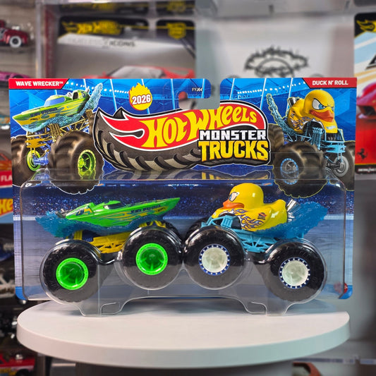Hot Wheels 2026 Monster Trucks Demolition Doubles Wave Wrecker vs Duck N Roll FYJ64 NIP