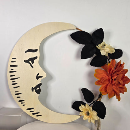 Wooden Crescent Moon & Floral Halloween Wreath 12"