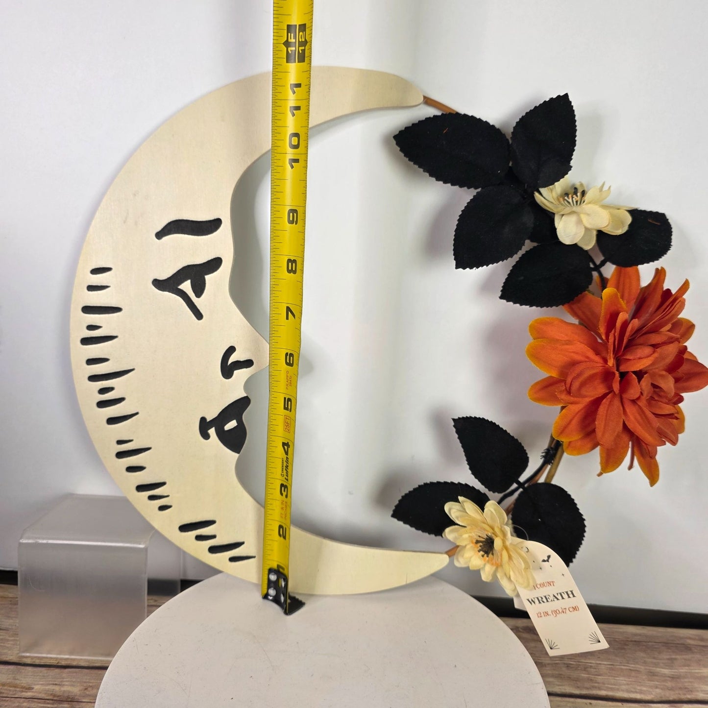 Wooden Crescent Moon & Floral Halloween Wreath 12"