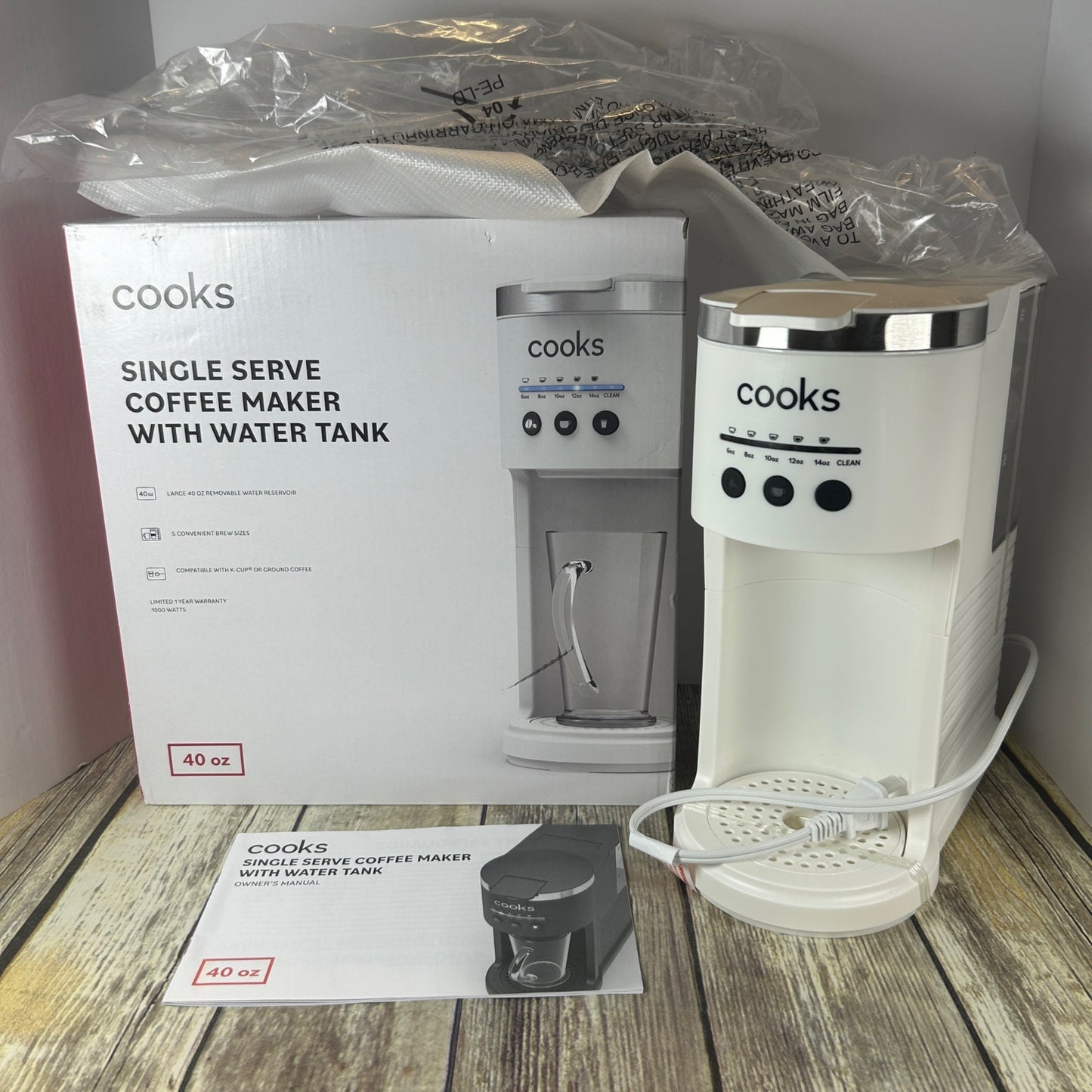 Cooks Single Serve Coffee Maker With Water Tank 40 Oz Capacity 1000W Powerful Heating System Household Use Only White