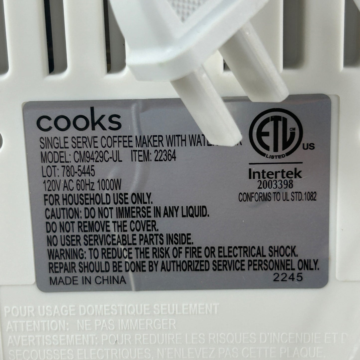 Cooks Single Serve Coffee Maker With Water Tank 40 Oz Capacity 1000W Powerful Heating System Household Use Only White