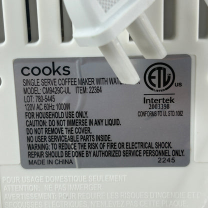 Cooks Single Serve Coffee Maker With Water Tank 40 Oz Capacity 1000W Powerful Heating System Household Use Only White