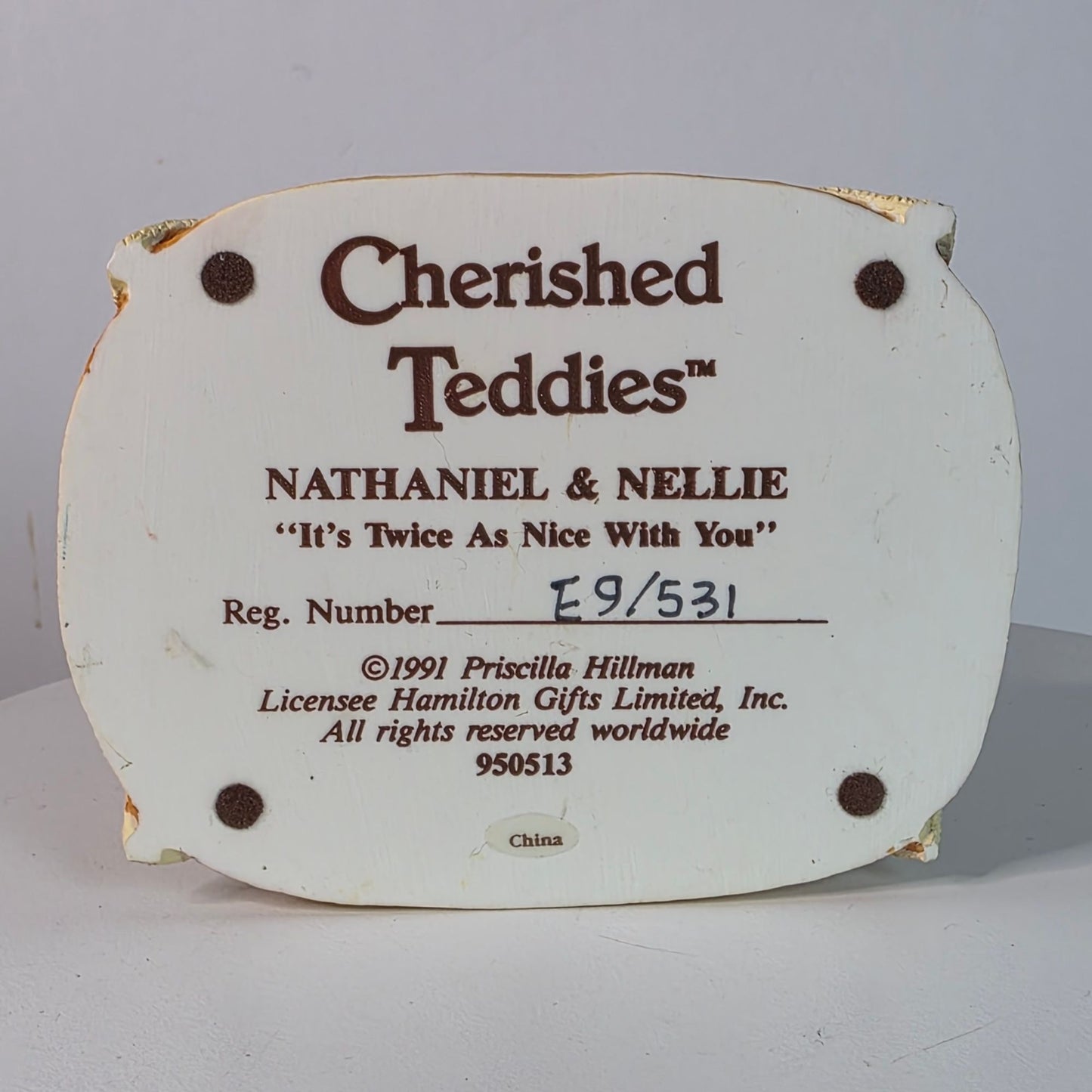 Vintage 1991Cherished Teddies Figurine Nathaniel & Nellie, Priscilla Hillman, Resin 3" Tall