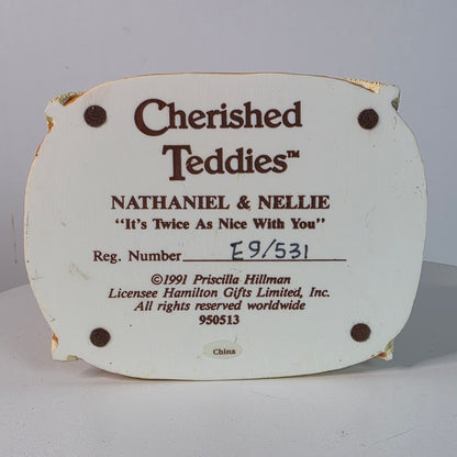 Vintage 1991Cherished Teddies Figurine Nathaniel & Nellie, Priscilla Hillman, Resin 3" Tall
