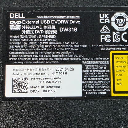 Dell USB Slim External DVD +/- RW Drive DW316