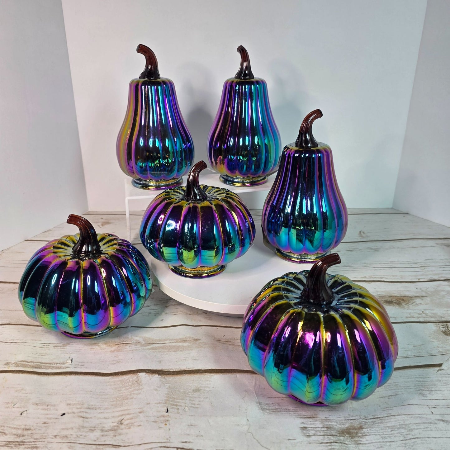 Set Of 6 Dark Iridescent Glass Pumpkins & Gourds 5" Tall Decorative Accents