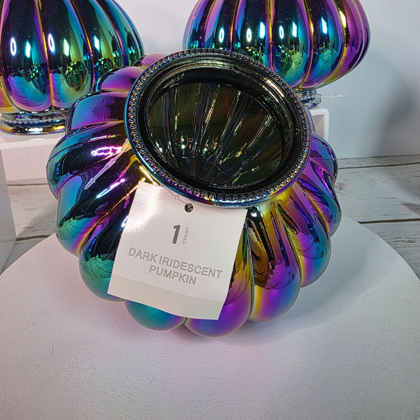 Set Of 6 Dark Iridescent Glass Pumpkins & Gourds 5" Tall Decorative Accents