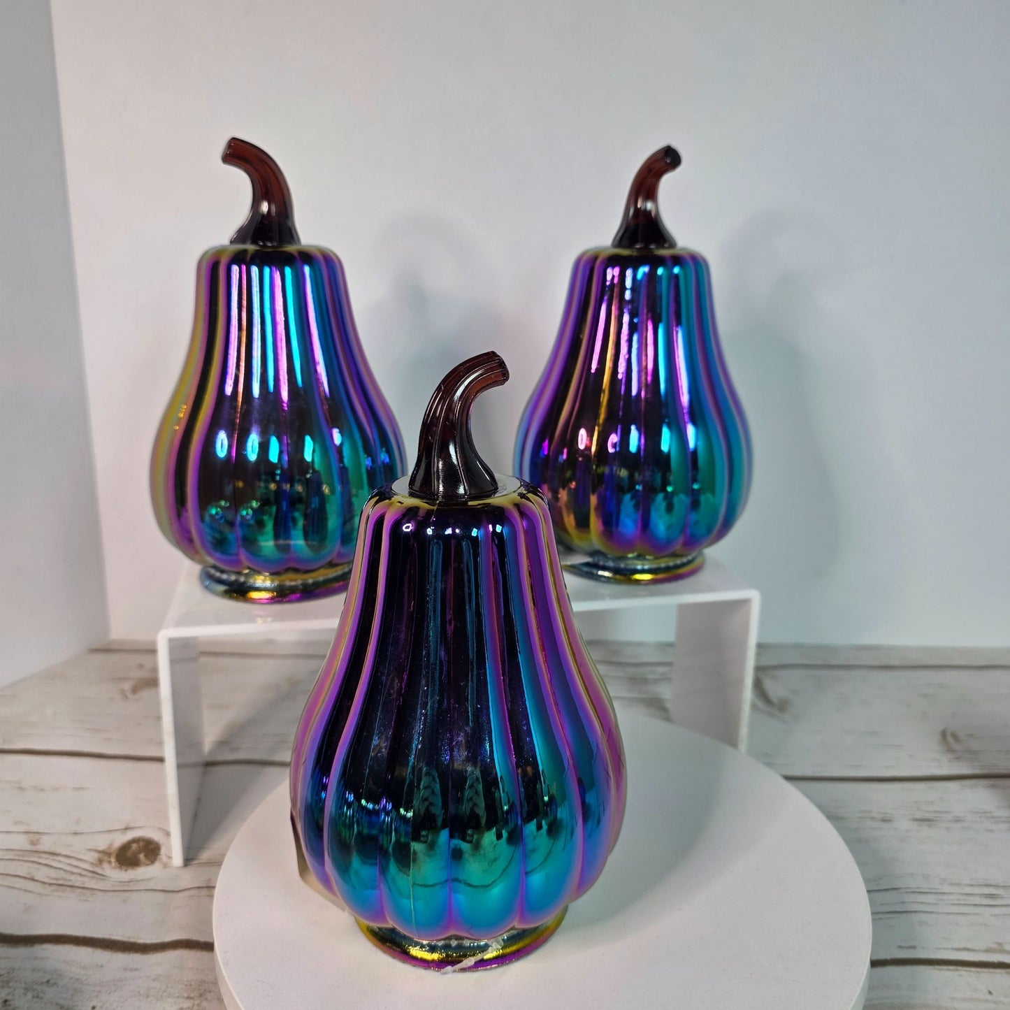 Set Of 6 Dark Iridescent Glass Pumpkins & Gourds 5" Tall Decorative Accents