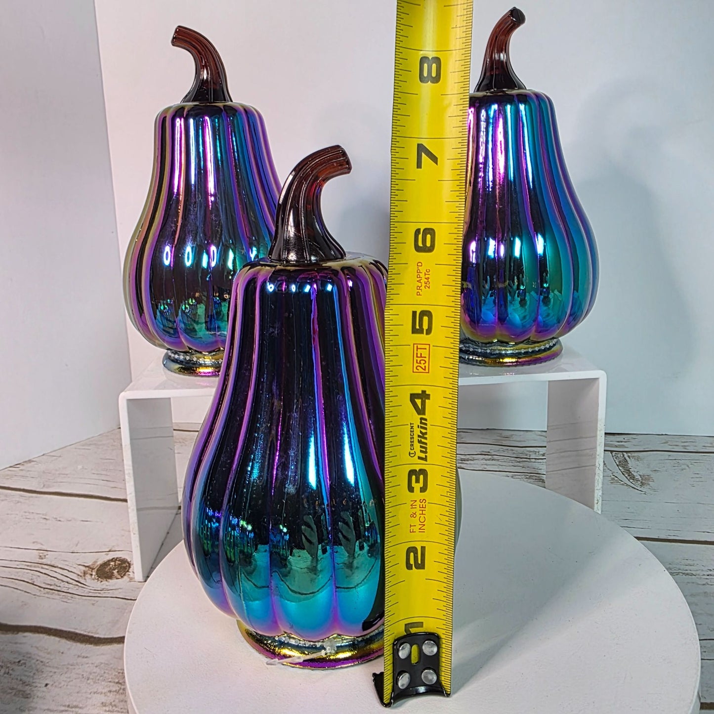 Set Of 6 Dark Iridescent Glass Pumpkins & Gourds 5" Tall Decorative Accents