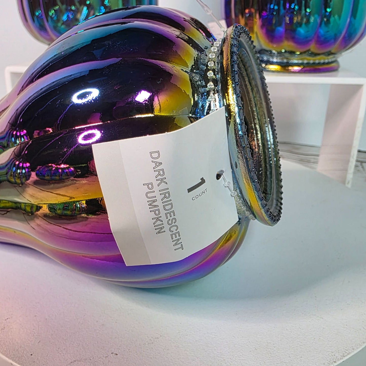 Set Of 6 Dark Iridescent Glass Pumpkins & Gourds 5" Tall Decorative Accents