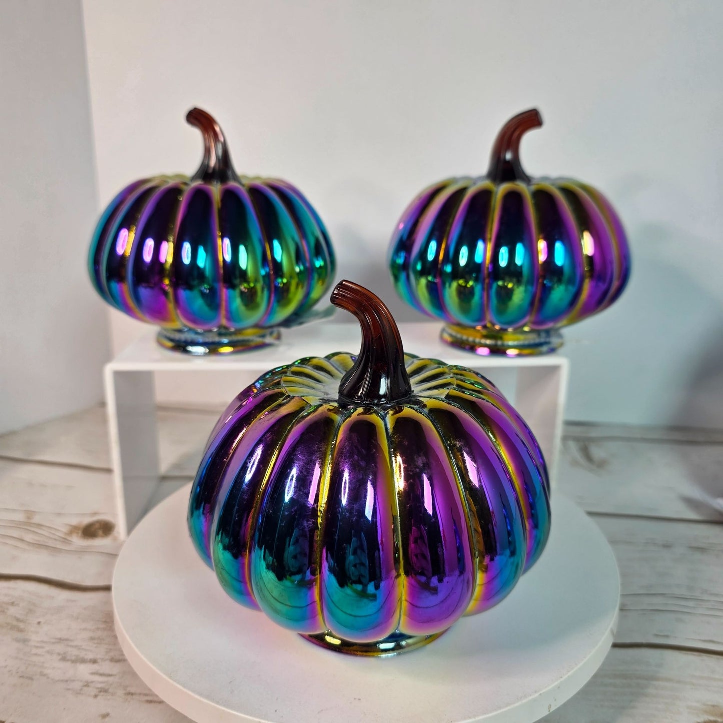 Set Of 6 Dark Iridescent Glass Pumpkins & Gourds 5" Tall Decorative Accents