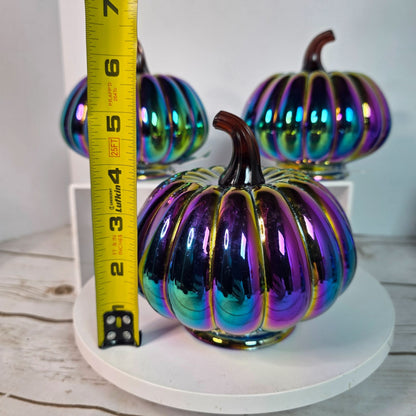 Set Of 6 Dark Iridescent Glass Pumpkins & Gourds 5" Tall Decorative Accents