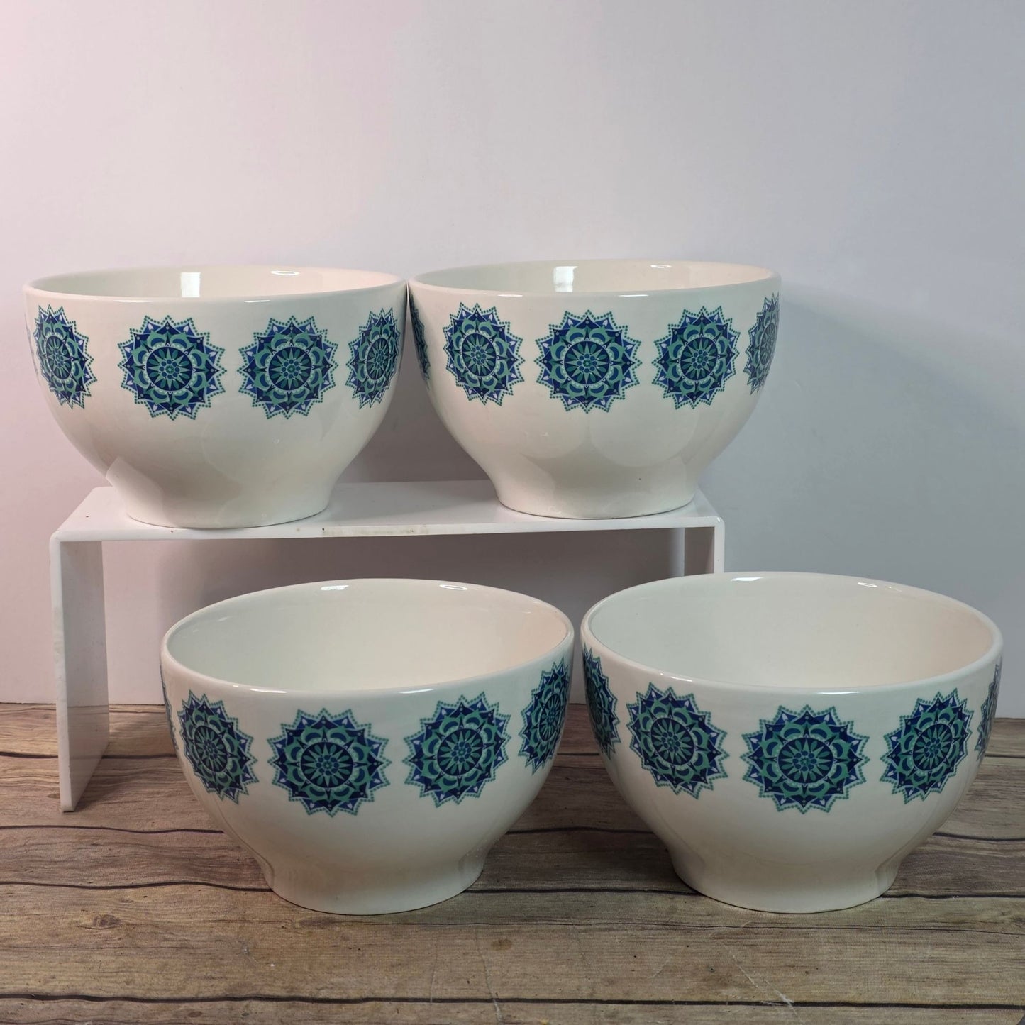VINTAGE Royal Norfolk Blue Snowflake Medallion Ironstone Cereal Rice Bowls Set 4
