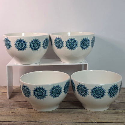 VINTAGE Royal Norfolk Blue Snowflake Medallion Ironstone Cereal Rice Bowls Set 4