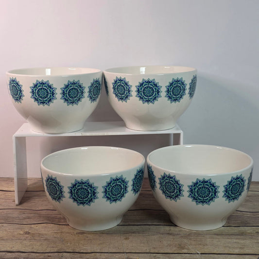 VINTAGE Royal Norfolk Blue Snowflake Medallion Ironstone Cereal Rice Bowls Set 4