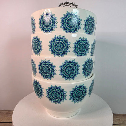 VINTAGE Royal Norfolk Blue Snowflake Medallion Ironstone Cereal Rice Bowls Set 4