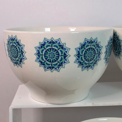 VINTAGE Royal Norfolk Blue Snowflake Medallion Ironstone Cereal Rice Bowls Set 4