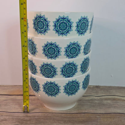 VINTAGE Royal Norfolk Blue Snowflake Medallion Ironstone Cereal Rice Bowls Set 4