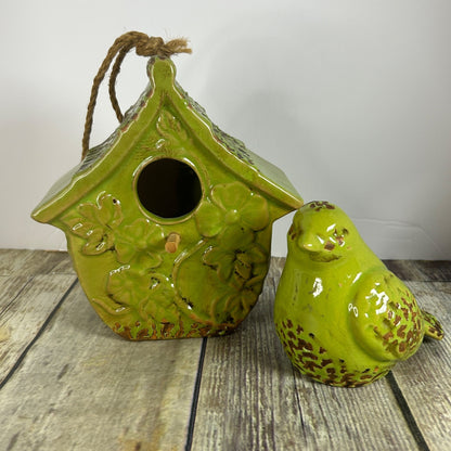 Green Ceramic Birdhouse & Figurine Set With Floral Design