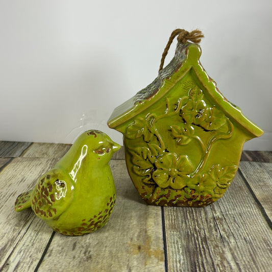 Green Ceramic Birdhouse & Figurine Set With Floral Design