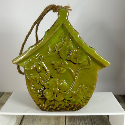 Green Ceramic Birdhouse & Figurine Set With Floral Design