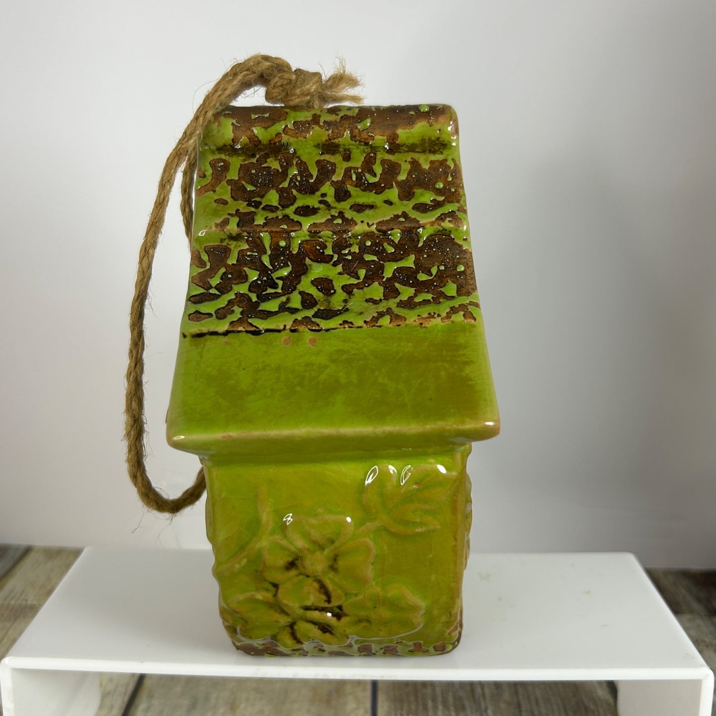 Green Ceramic Birdhouse & Figurine Set With Floral Design