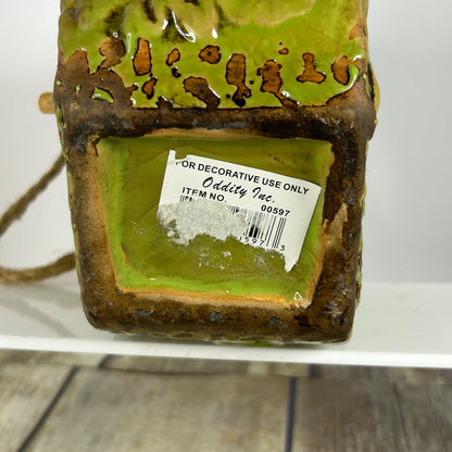 Green Ceramic Birdhouse & Figurine Set With Floral Design