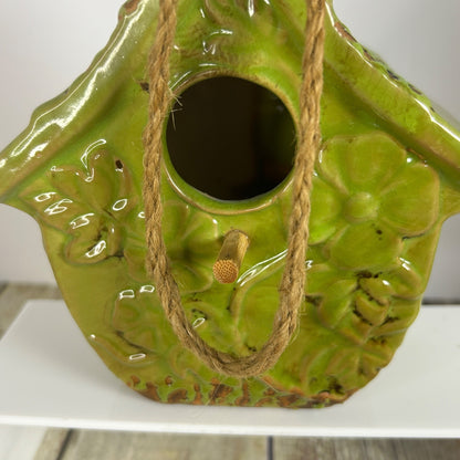 Green Ceramic Birdhouse & Figurine Set With Floral Design