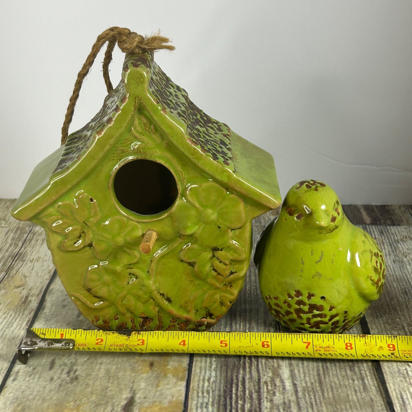 Green Ceramic Birdhouse & Figurine Set With Floral Design