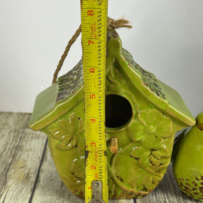 Green Ceramic Birdhouse & Figurine Set With Floral Design