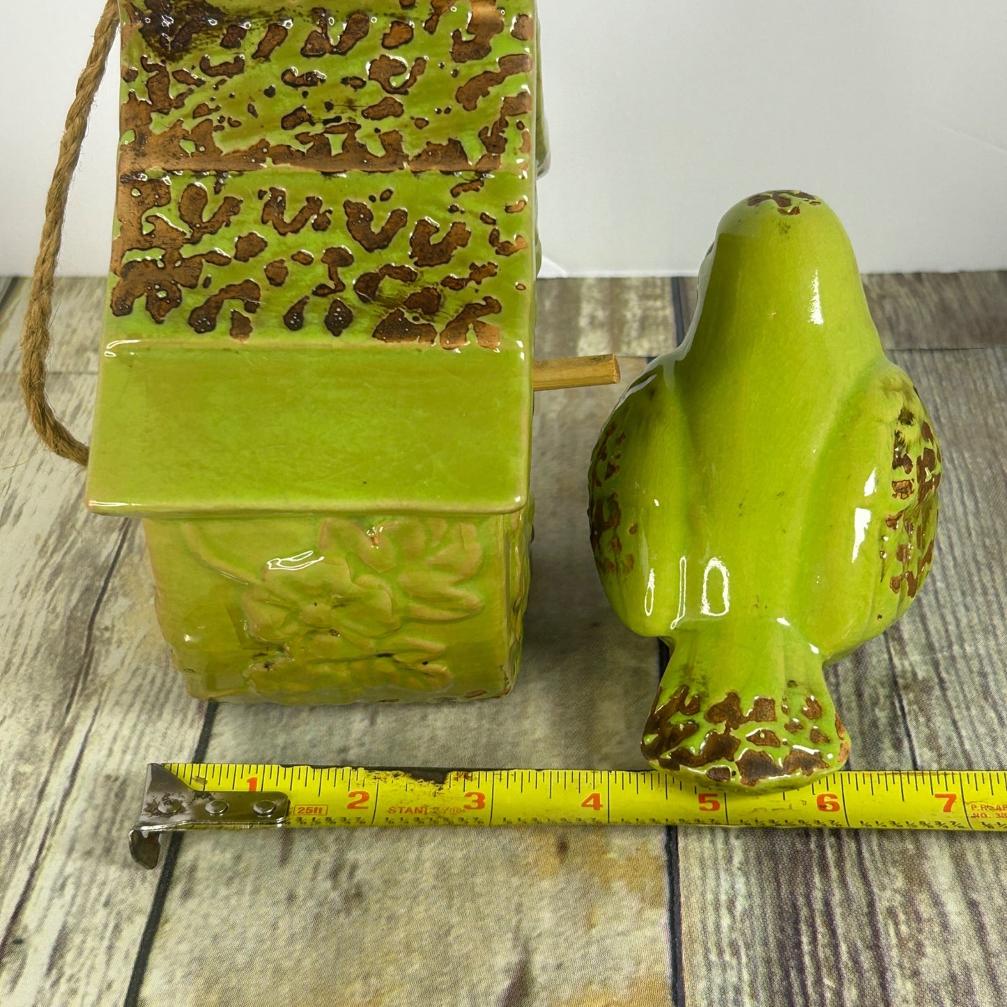 Green Ceramic Birdhouse & Figurine Set With Floral Design