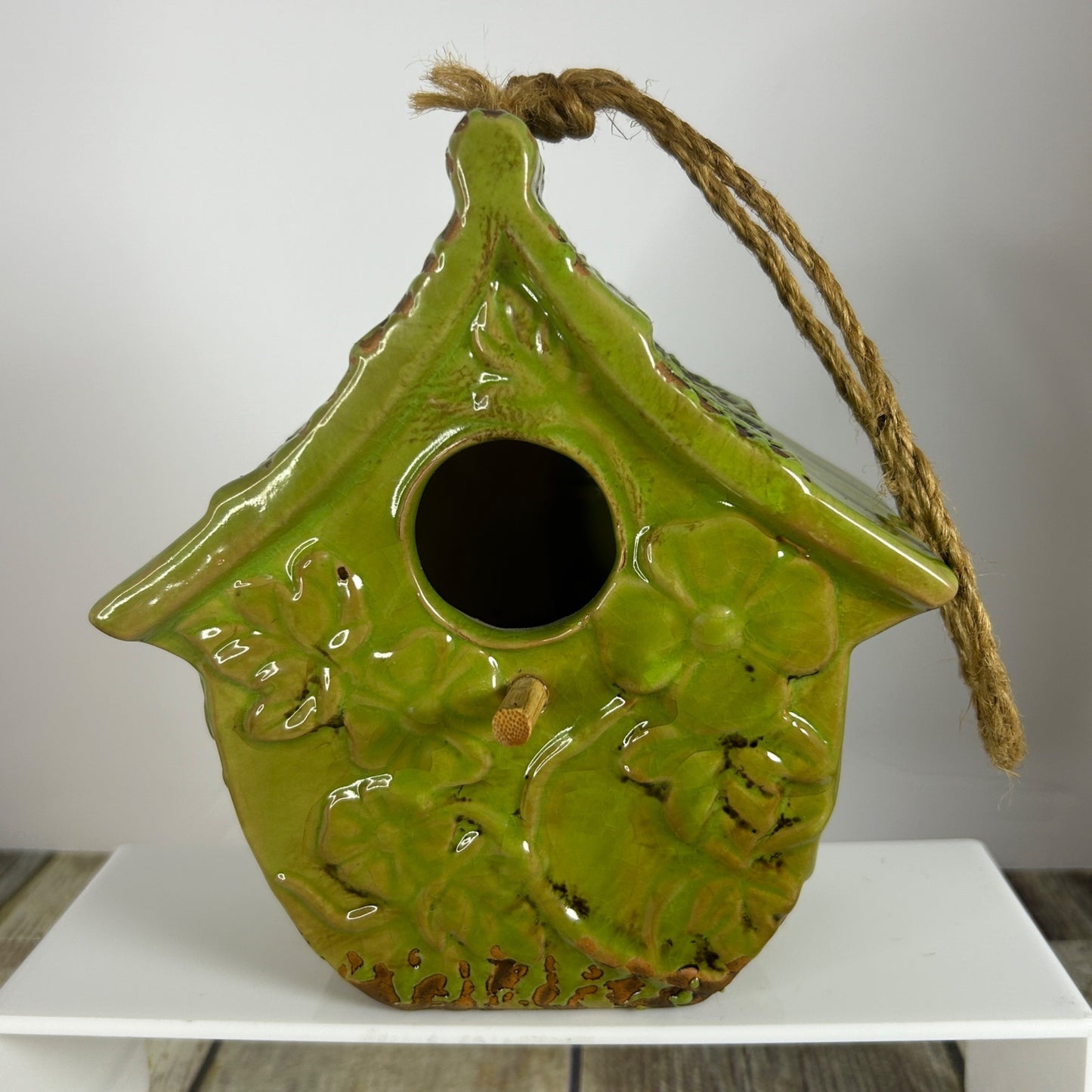 Green Ceramic Birdhouse & Figurine Set With Floral Design