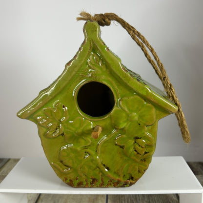 Green Ceramic Birdhouse & Figurine Set With Floral Design