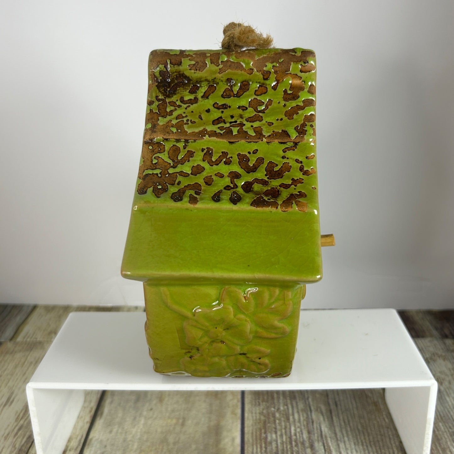 Green Ceramic Birdhouse & Figurine Set With Floral Design