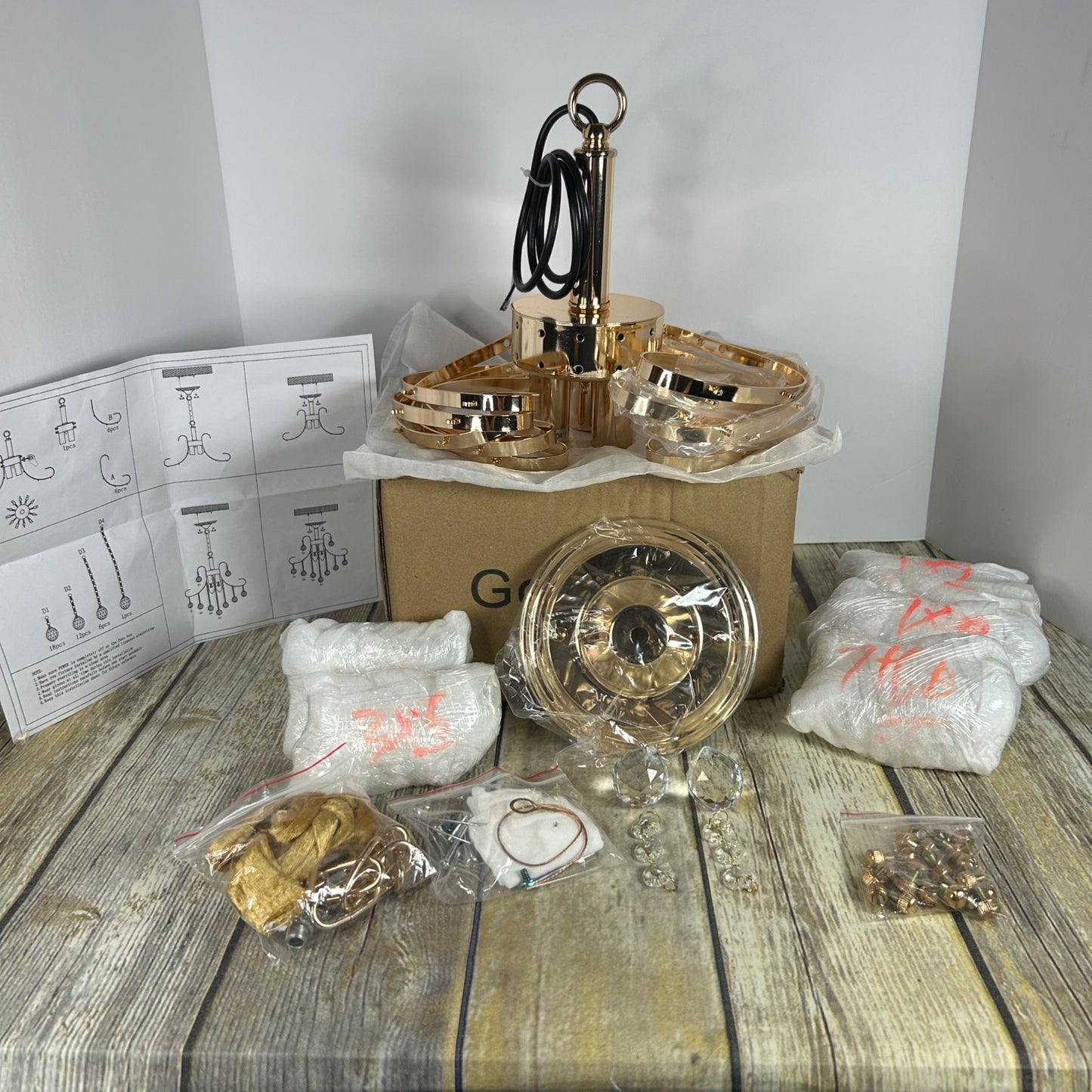 Gold Crystal Chandelier Light Fixture Kit With Hanging Chain & Instructions For Home Decor Assembly