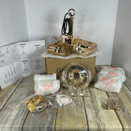 Gold Crystal Chandelier Light Fixture Kit With Hanging Chain & Instructions For Home Decor Assembly