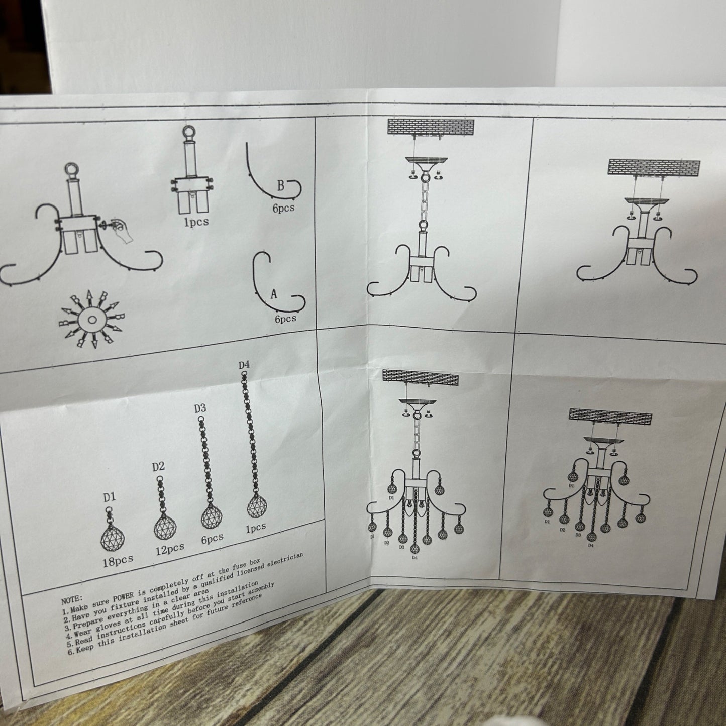 Gold Crystal Chandelier Light Fixture Kit With Hanging Chain & Instructions For Home Decor Assembly