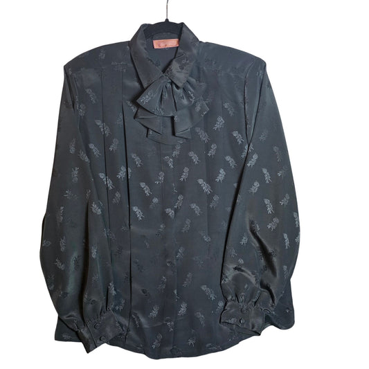 Vintage Worthington Black Floral Blouse With Ruffled Tie Neck & Button Cuffs  Size 12