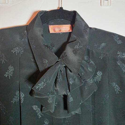 Vintage Worthington Black Floral Blouse With Ruffled Tie Neck & Button Cuffs  Size 12
