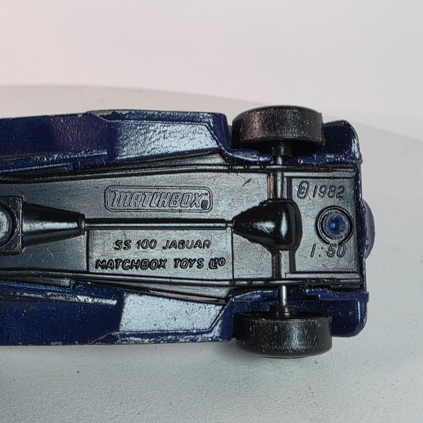 1982 Matchbox 1/50th Scale SS 100 Jaguar Die-Cast Model Car Navy/Silver