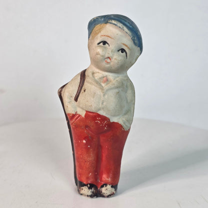 Occupied Japan Bisque Bellhop Doll Figurine With Blue Cap & Red Pants 4 Inches Tall