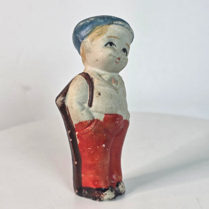 Occupied Japan Bisque Bellhop Doll Figurine With Blue Cap & Red Pants 4 Inches Tall