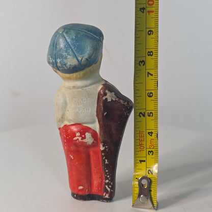 Occupied Japan Bisque Bellhop Doll Figurine With Blue Cap & Red Pants 4 Inches Tall