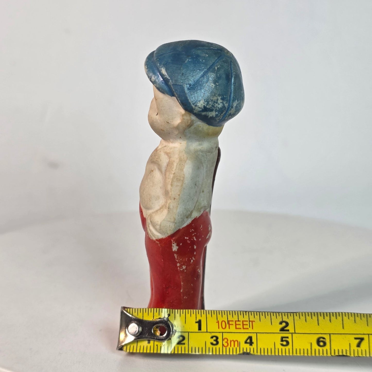 Occupied Japan Bisque Bellhop Doll Figurine With Blue Cap & Red Pants 4 Inches Tall