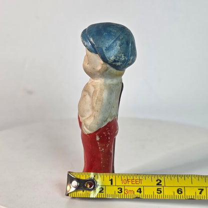Occupied Japan Bisque Bellhop Doll Figurine With Blue Cap & Red Pants 4 Inches Tall