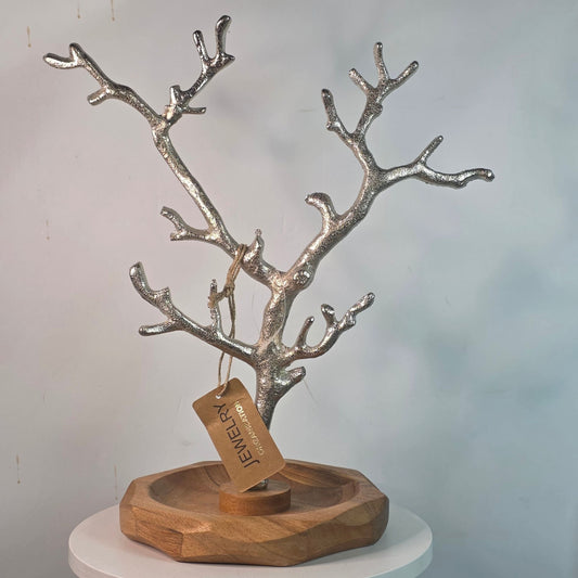 Silver Metal Jewelry Tree Stand Wooden Tray Organizer Handcrafted India