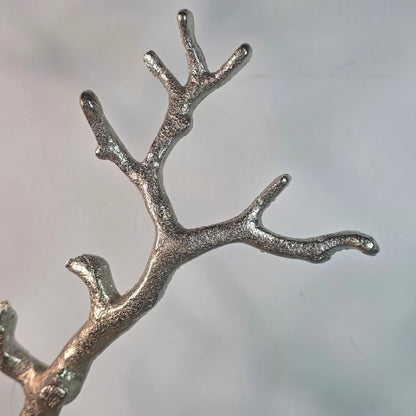 Silver Metal Jewelry Tree Stand Wooden Tray Organizer Handcrafted India