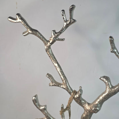 Silver Metal Jewelry Tree Stand Wooden Tray Organizer Handcrafted India